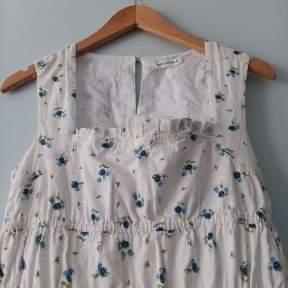 Avec Les Filles Blue Floral Smocked Waist Square Neck Midi Dress XS - Picture 4 of 7